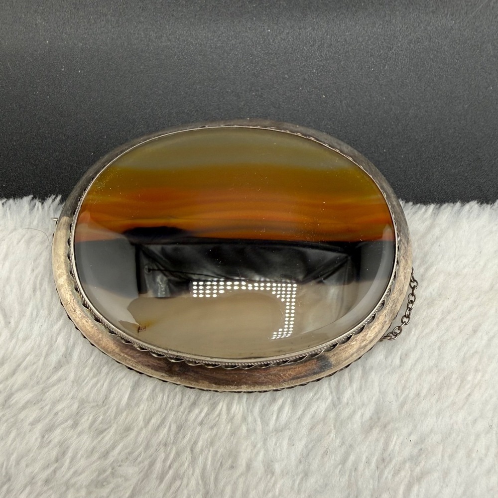 Vintage Estate Brooch Silver Victorian Banded Scottish Agate Stone 24.2g